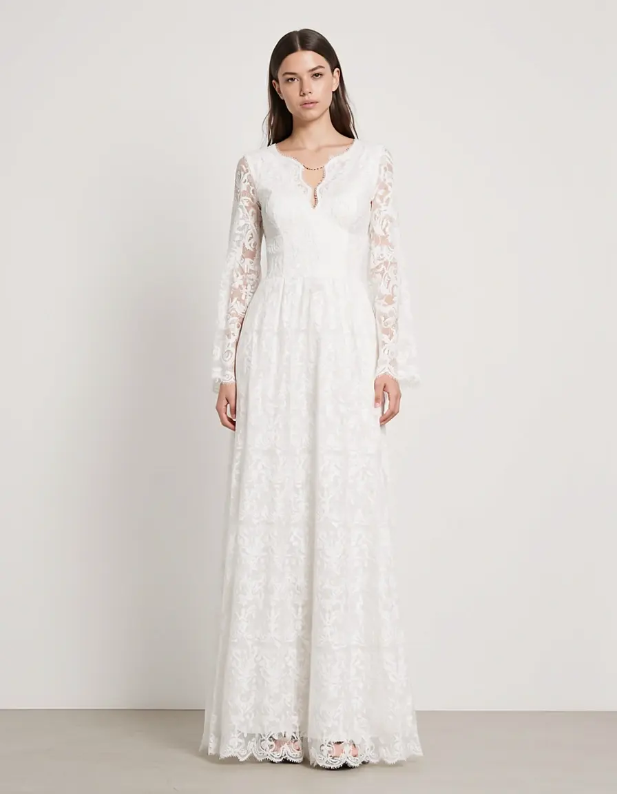Elegantes weißes Spitzenmaxikleid