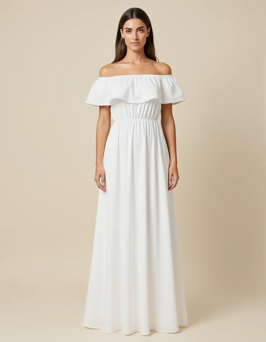 Schulterfreies weißes Maxikleid