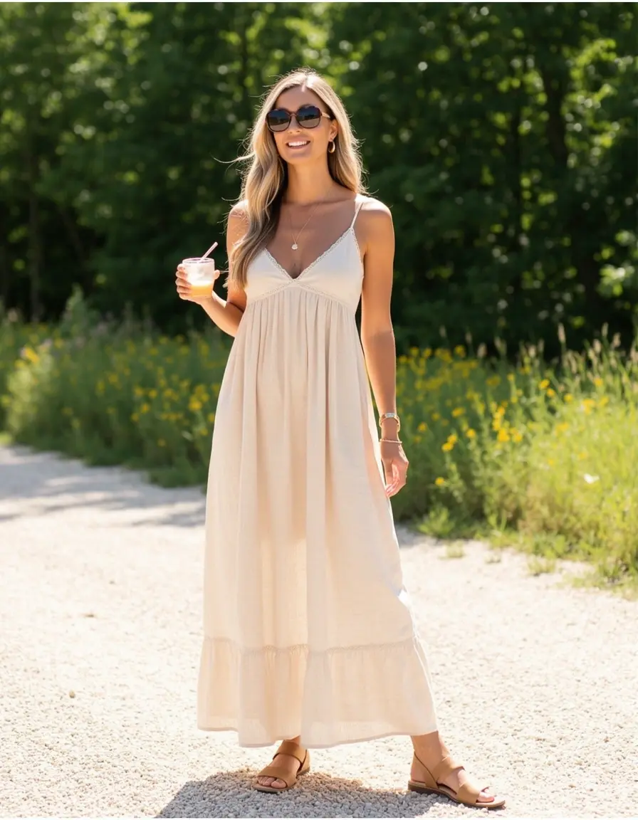 Frau in einem sommerlichen Leinen-Maxikleid