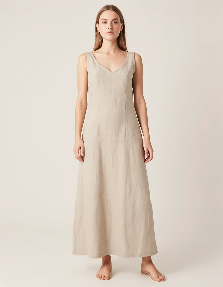 Model trägt ein minimalistisches Leinen-Shiftkleid