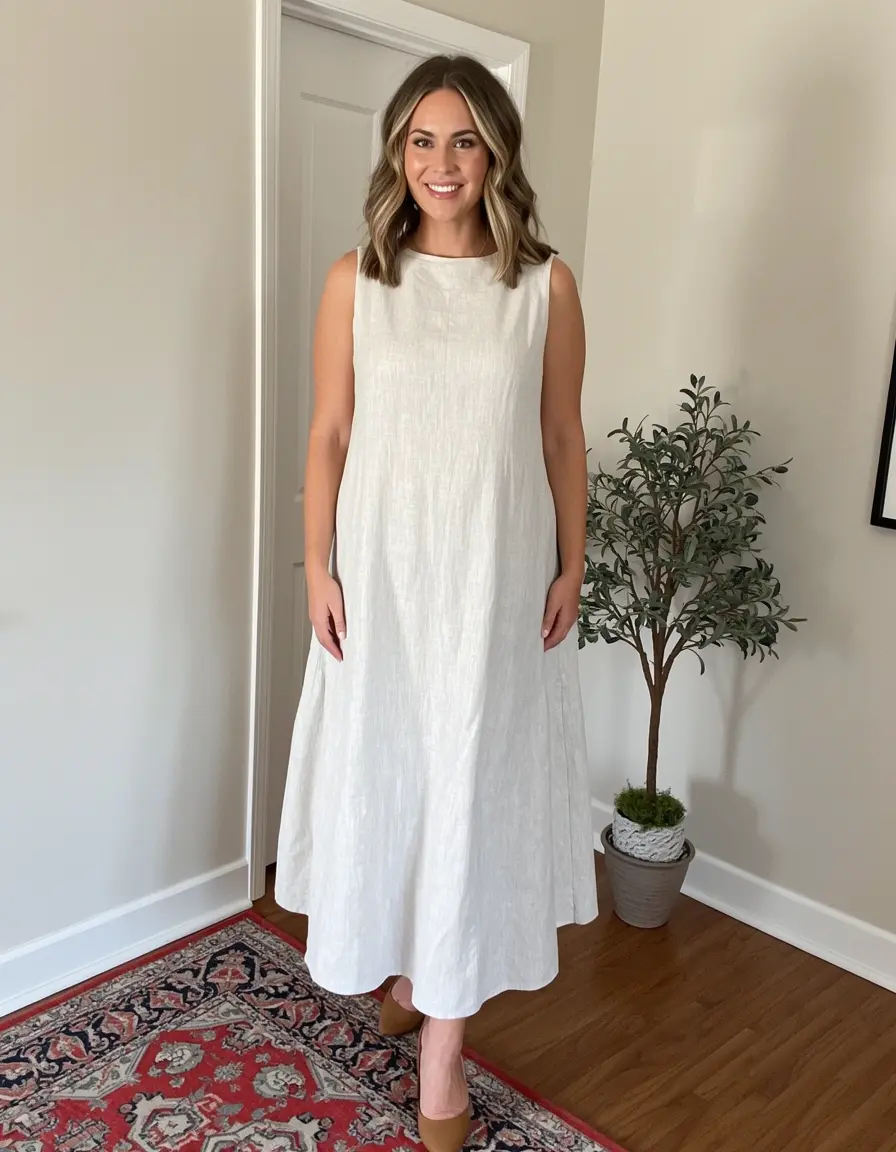 Frau in einem Midi-Leinenkleid