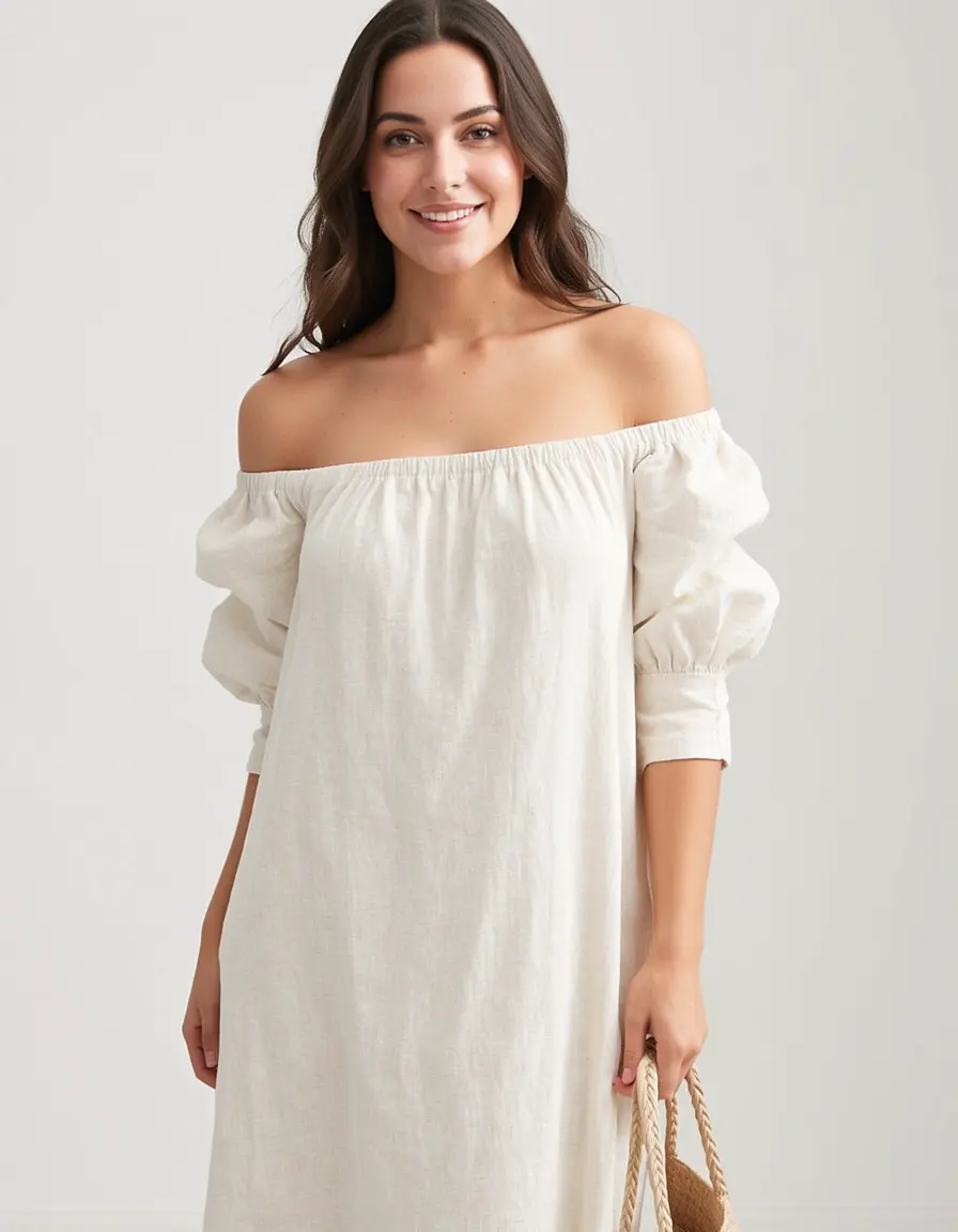 Schulterfreies Leinenkleid für den Sommer