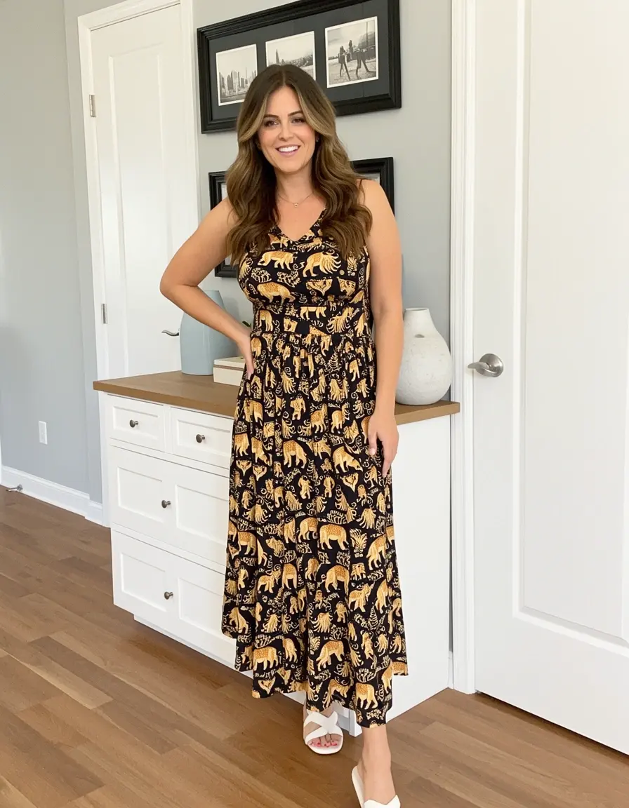 Frau in einem eleganten Leo Print Midi Kleid