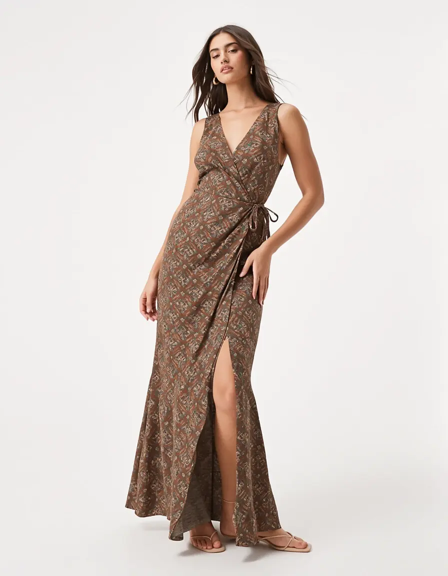 Modell trägt ein schmeichelhaftes Leo Wickelkleid