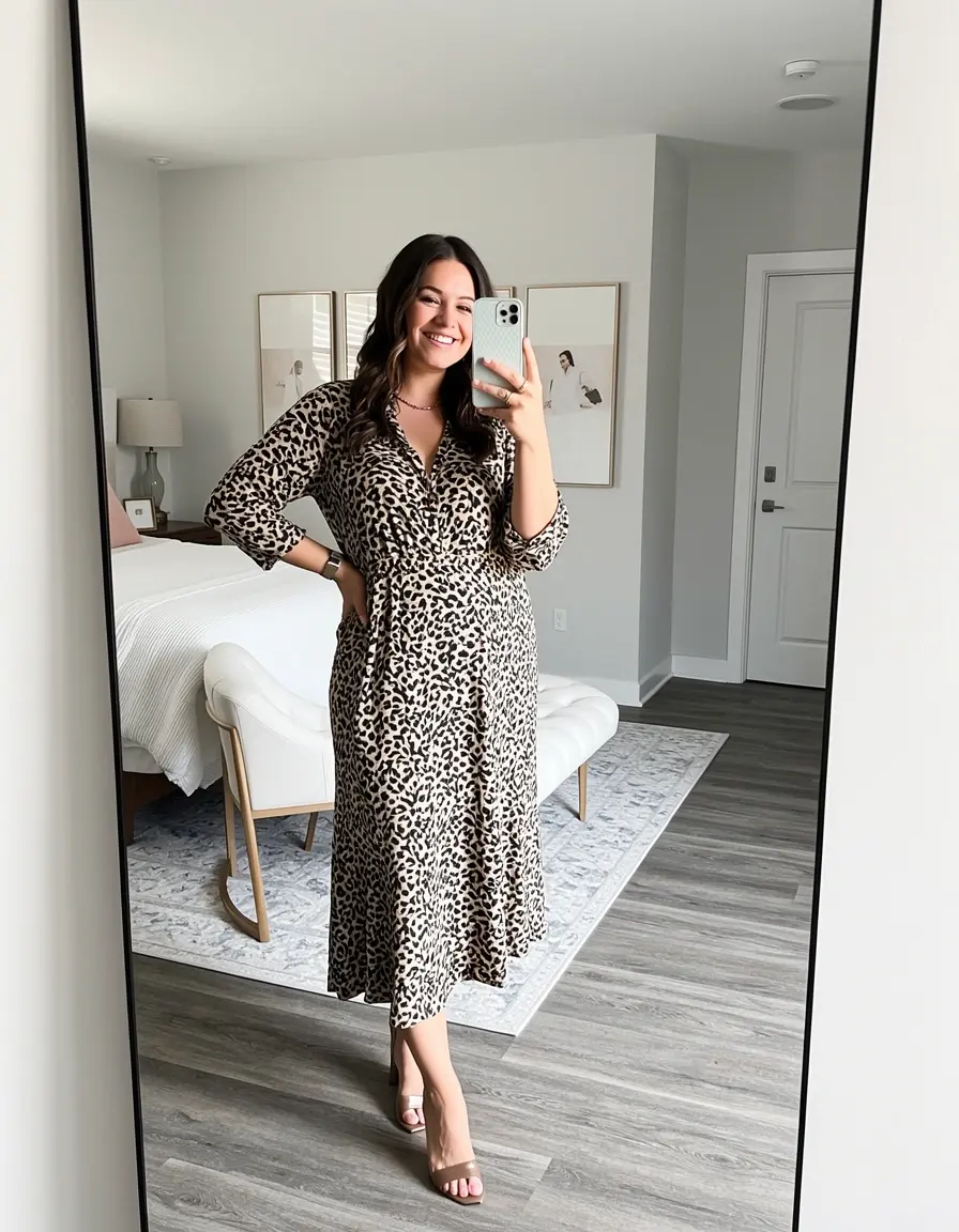 Frau in einem Leoparden Midi Kleid