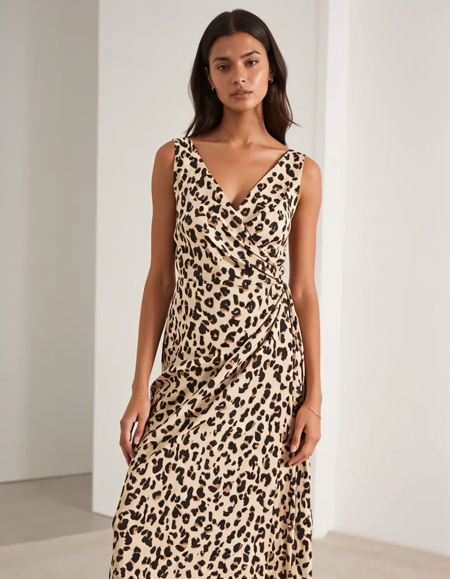 Model in einem Leoparden Wickelkleid