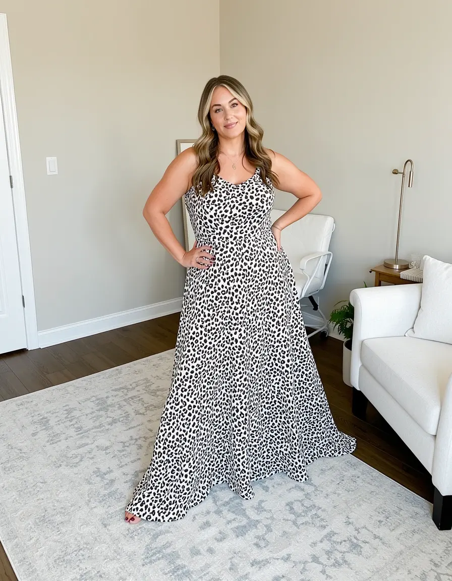 Dame in einem Leoparden Maxi Kleid