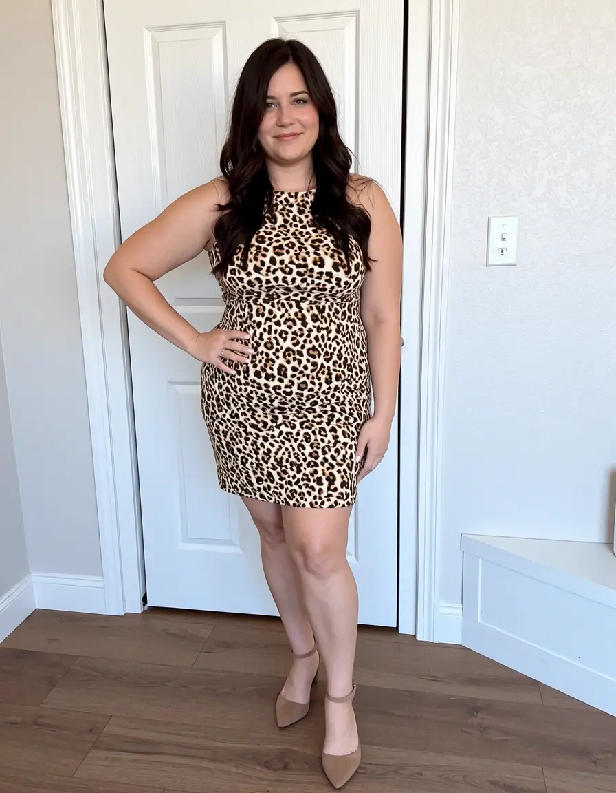 Frau in einem Leoparden Mini Kleid