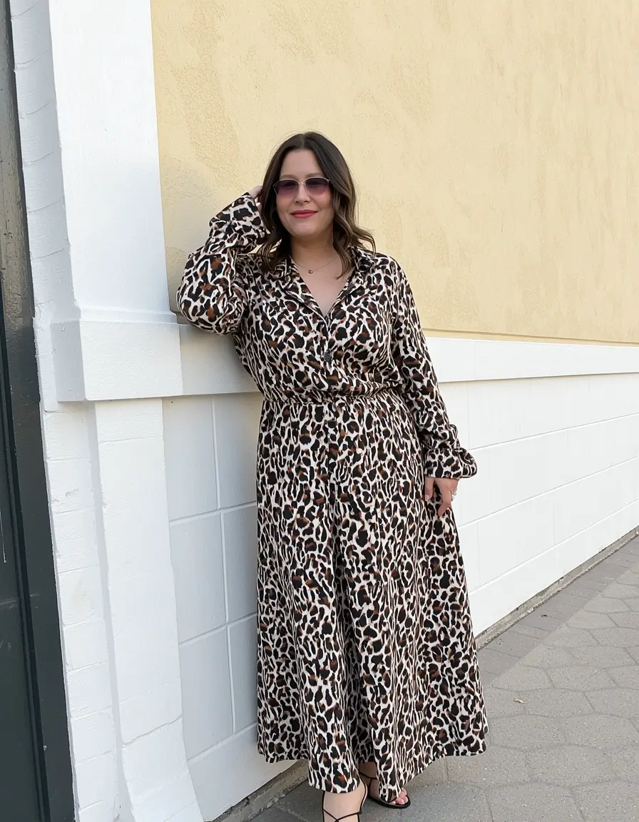 Frau in einem Leoparden Hemdblusenkleid