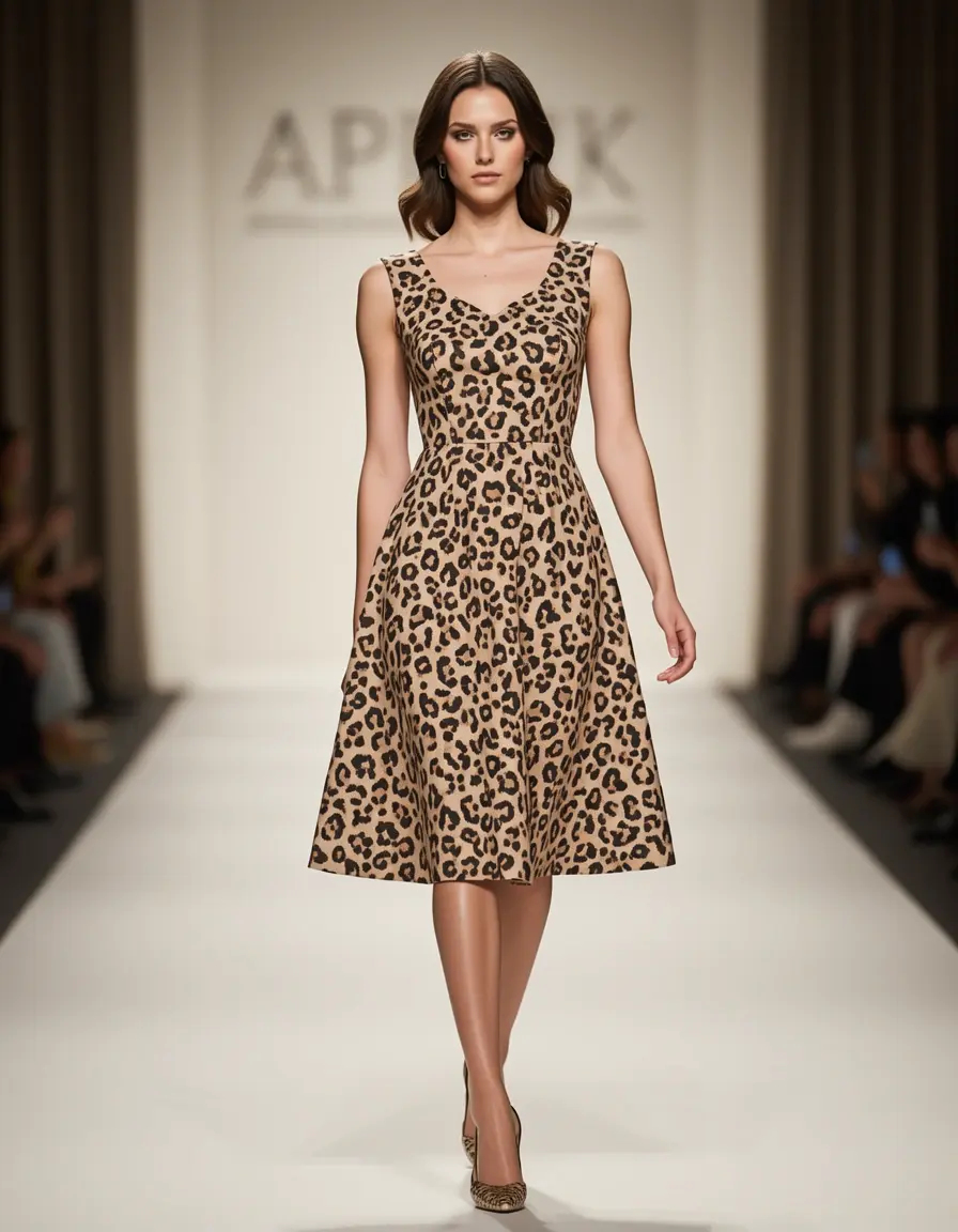 Model in einem Leoparden A-Linien Kleid