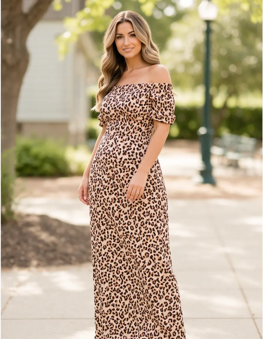 Leoparden Off-Shoulder Kleid an einer Frau