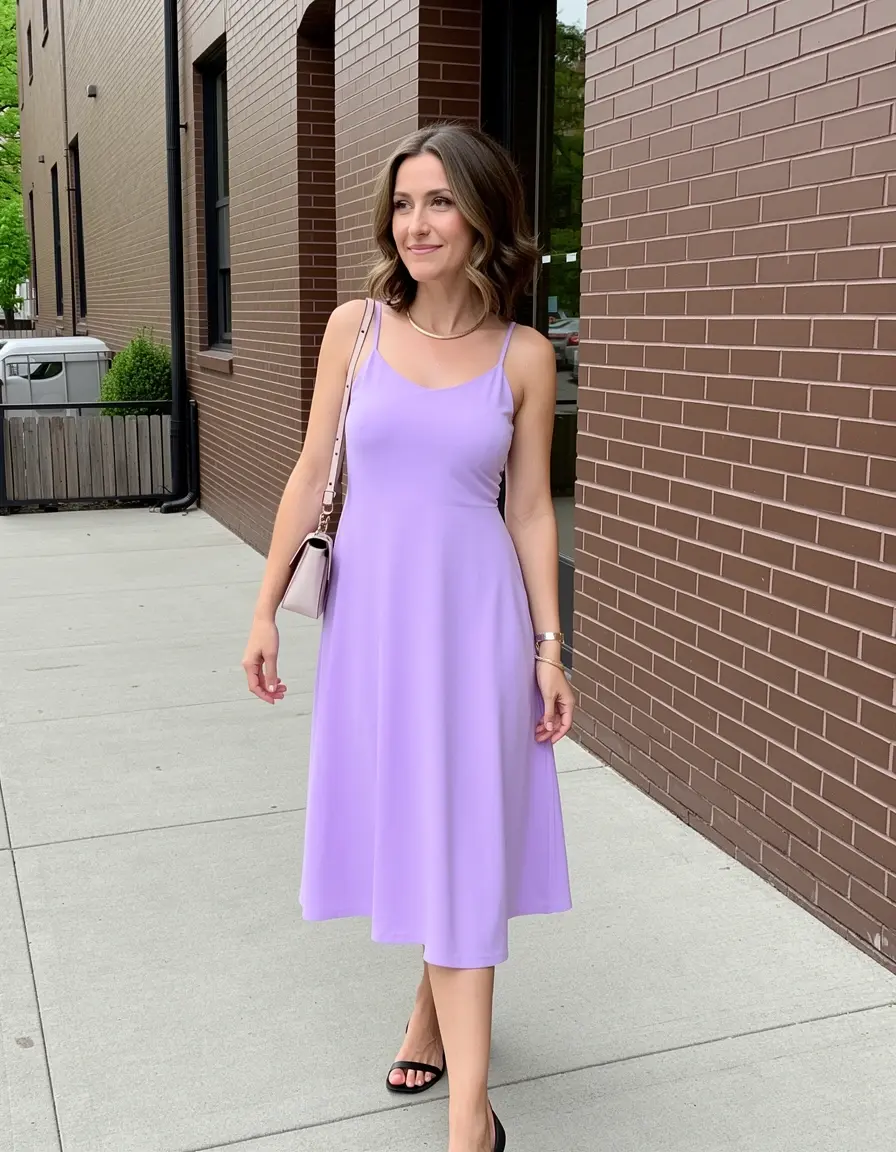Frau in einem lila Midi-Kleid