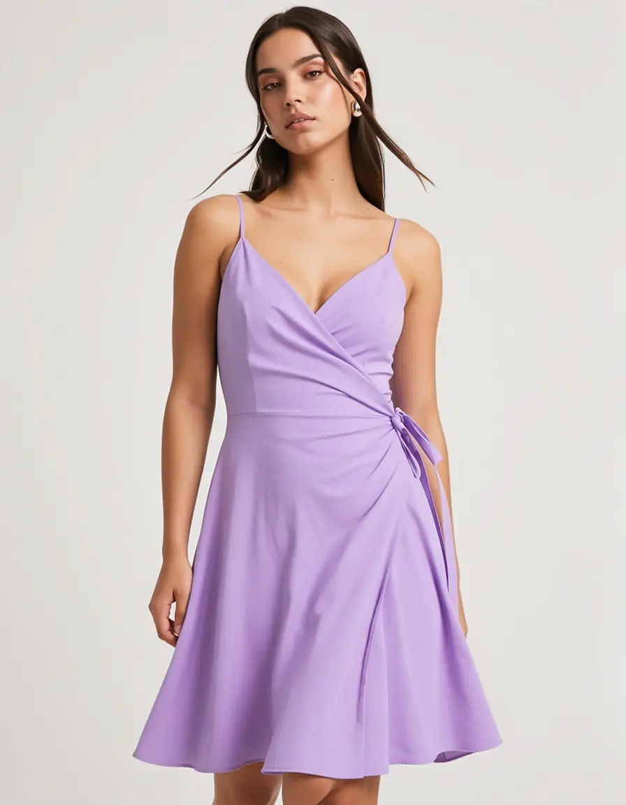 Model in einem lila Wickelkleid
