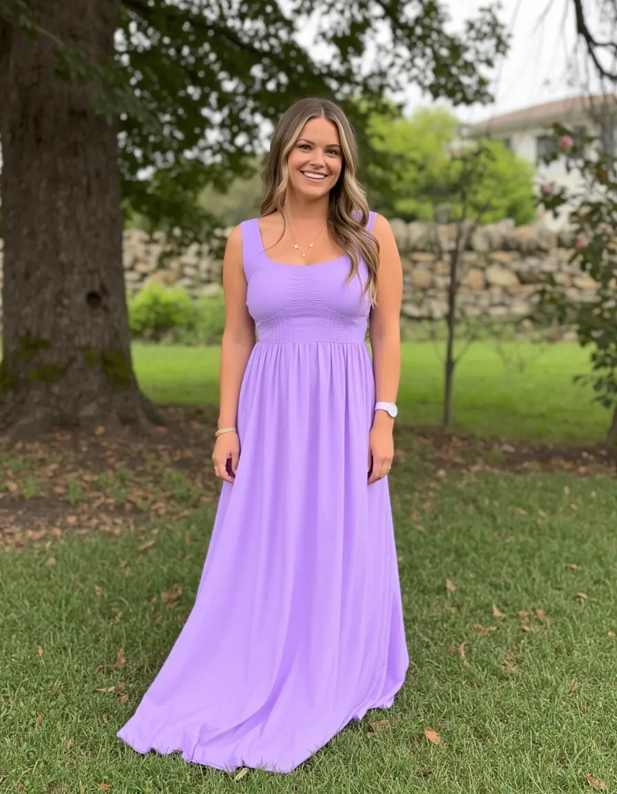 Dame in einem lila Maxikleid