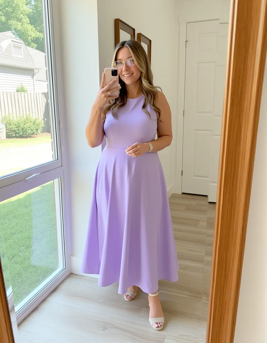 Frau in einem lila A-Linien-Kleid