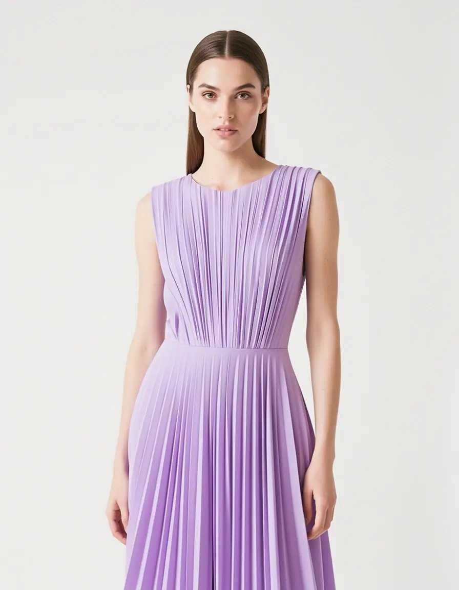 Model in einem lila Plisseekleid