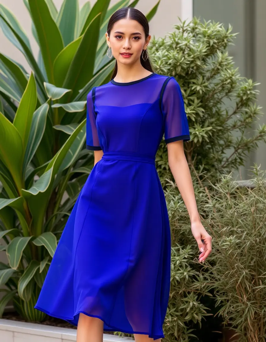 Model in einem Mesh Panel Midi Kleid