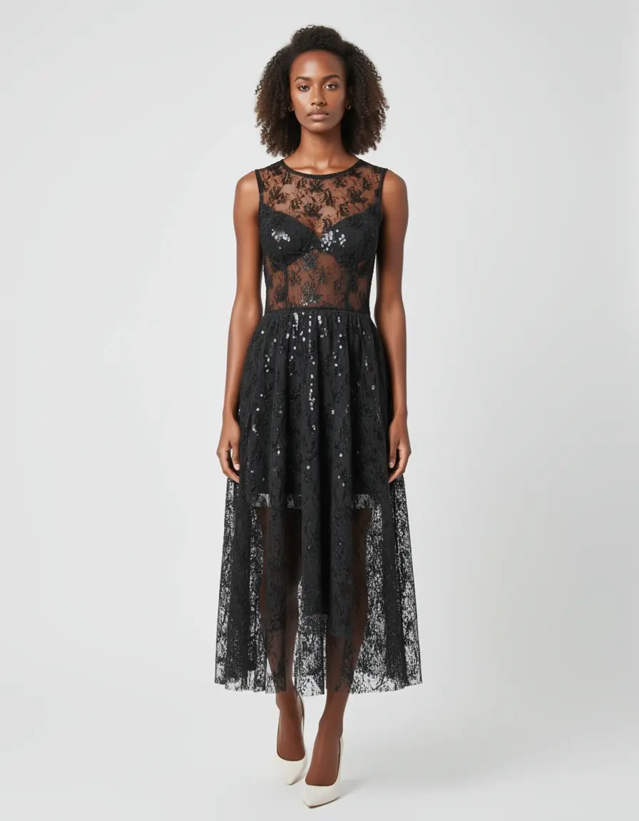 Model in einem Mesh A-Linien Kleid
