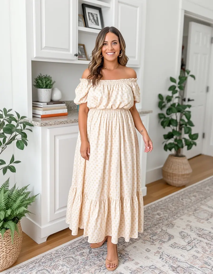 Frau in einem eleganten Off-Shoulder Midi Kleid