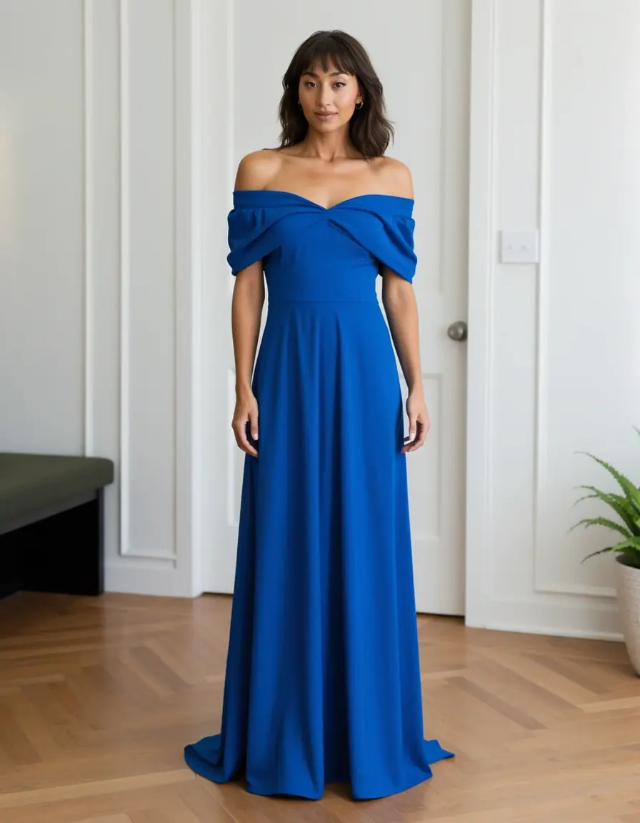 Model trägt ein fließendes Off-Shoulder Maxi Kleid