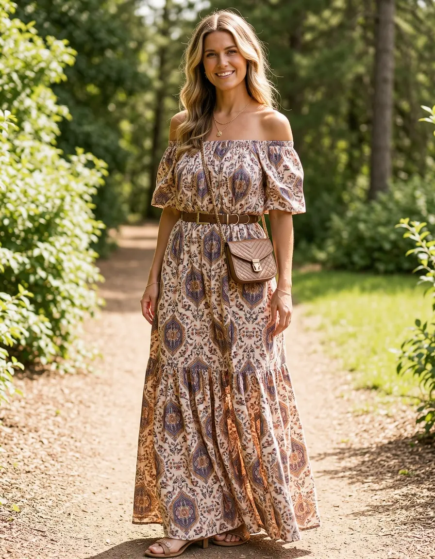 Frau im lässigen Off-Shoulder Boho Kleid