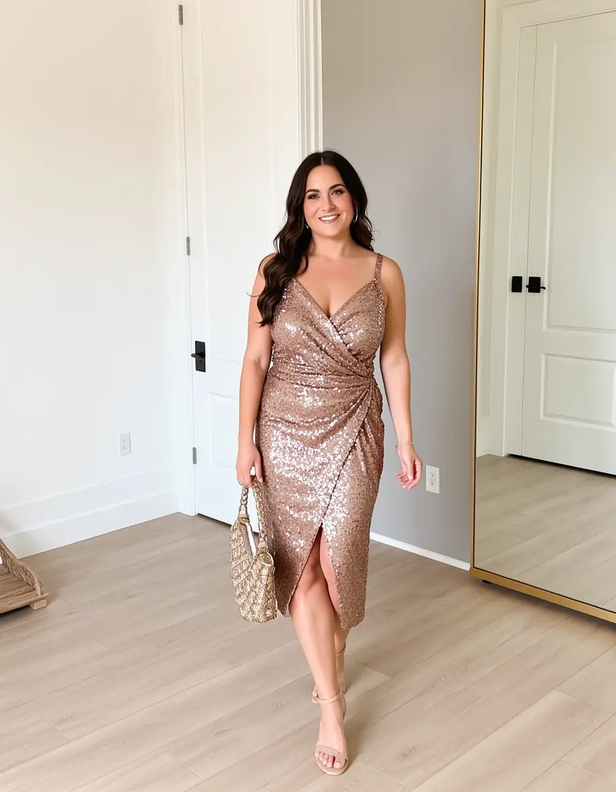 Frau in einem Pailletten Wickelkleid