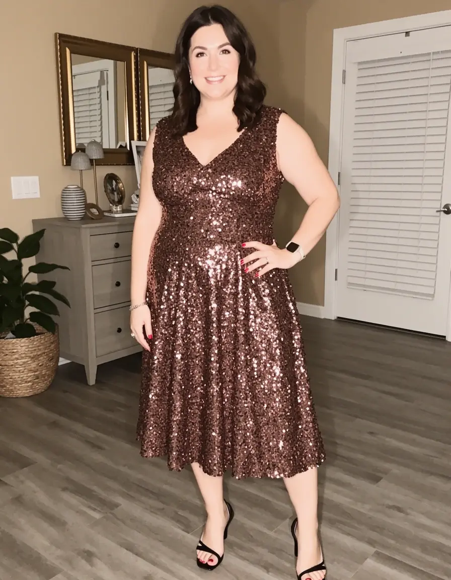 Frau in einem Pailletten A-Linien Kleid
