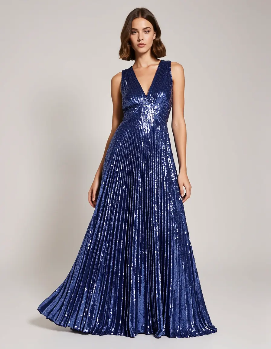 Model in einem plissierten Pailletten Kleid