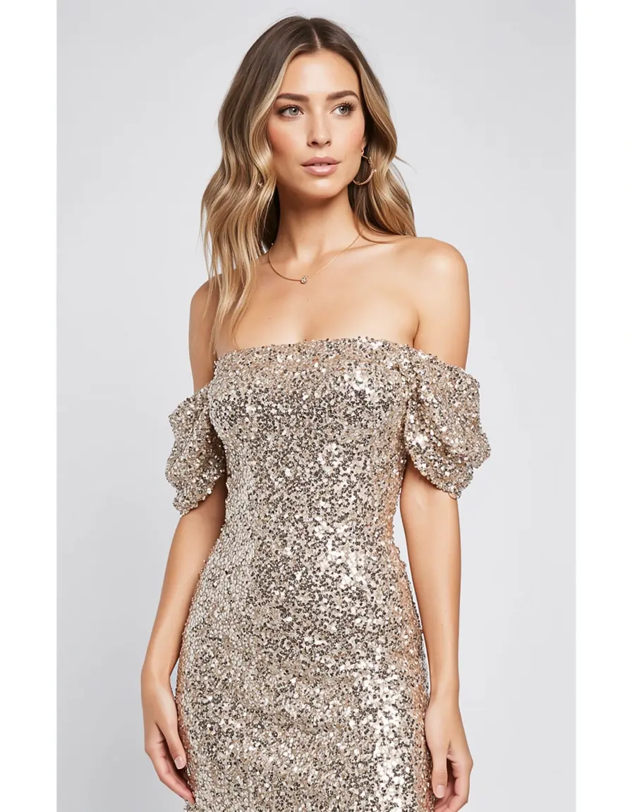 Schulterfreies Pailletten Kleid an einer Frau