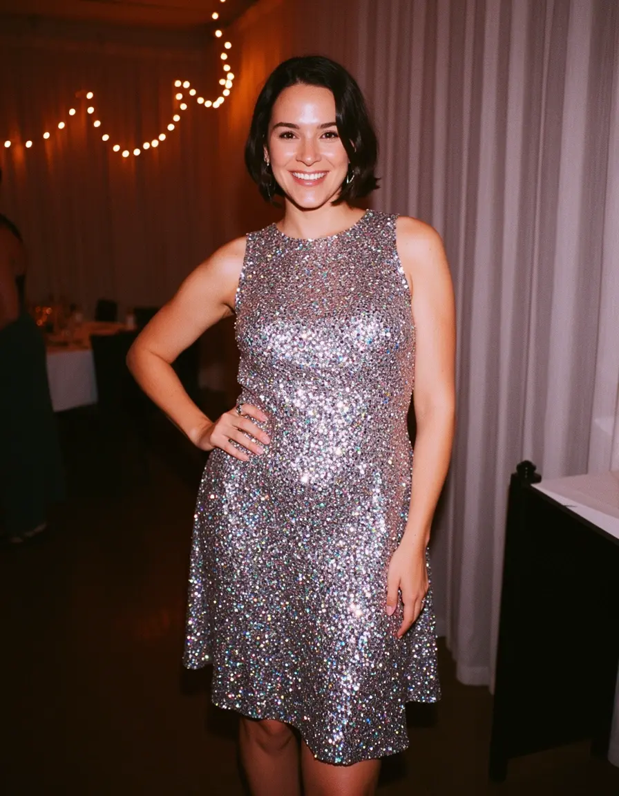 Frau in einem funkelnden Glitter Party Dress