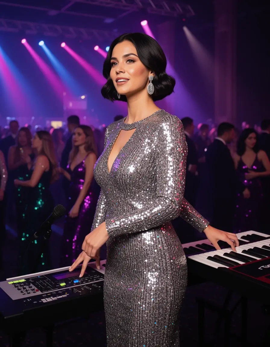 Model trägt ein Sequin Party Midi Kleid