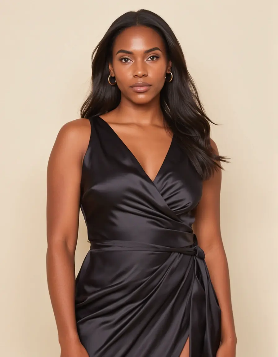 Frau in einem glänzenden Satin Party Wrap Kleid
