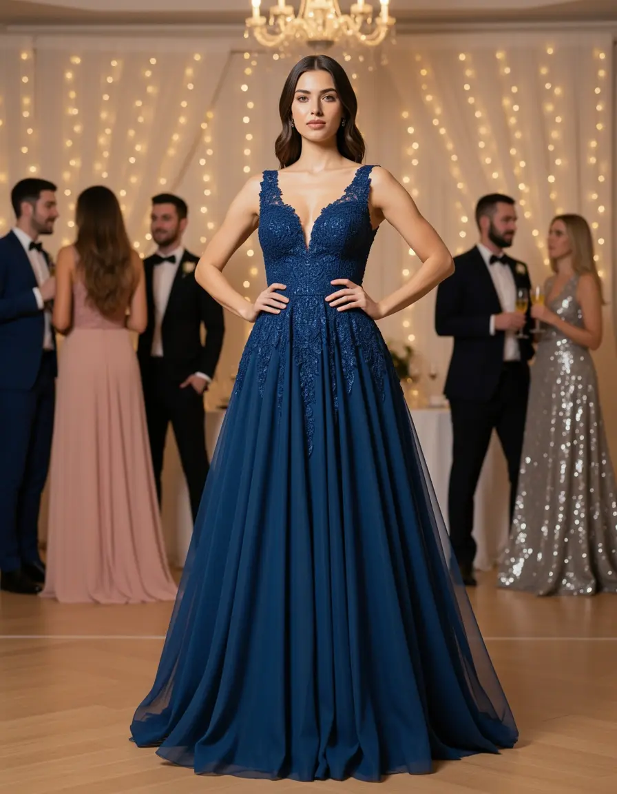 Model in einem fließenden Chiffon Party Maxi Kleid