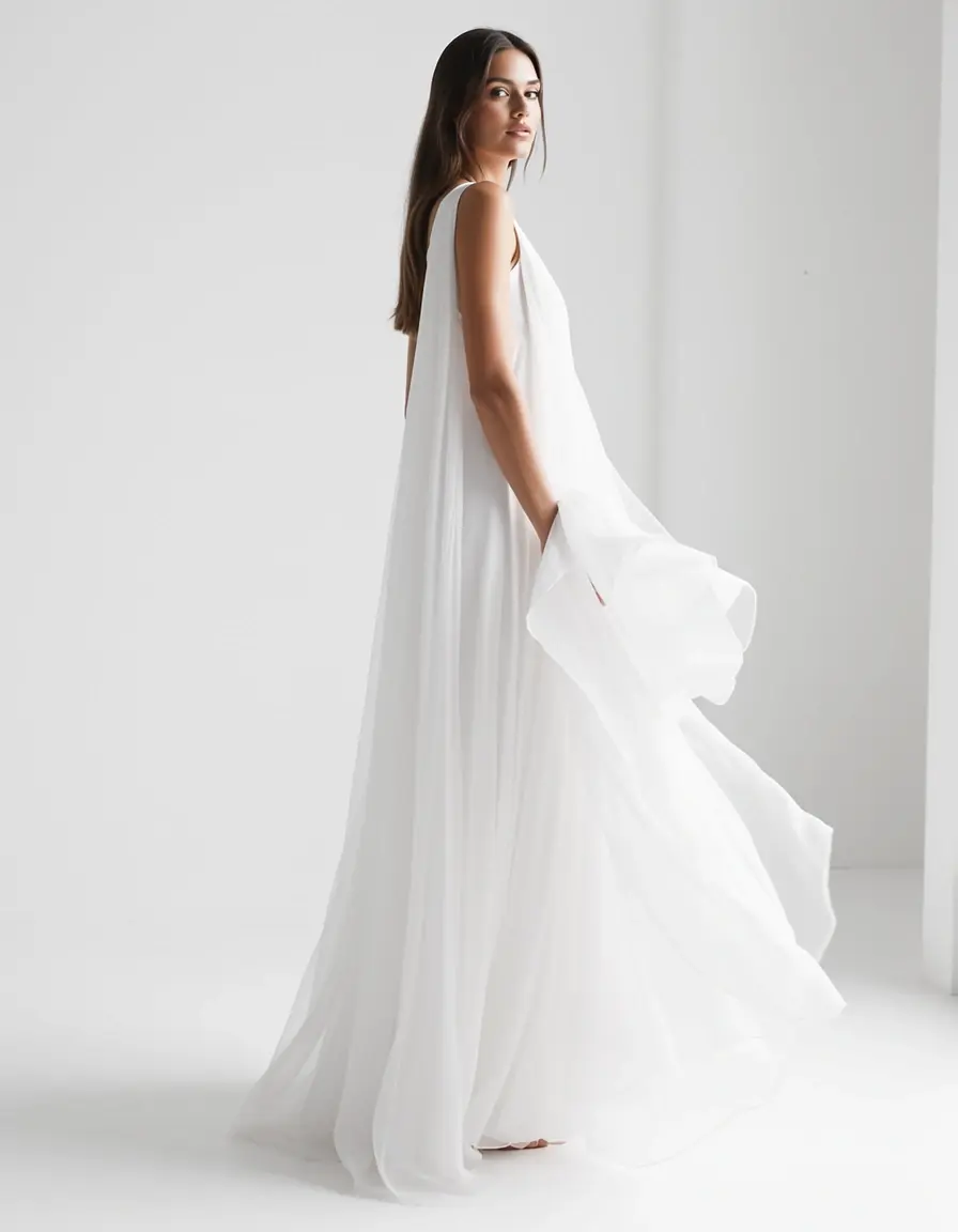 Frau in einem wehenden weissen kleid lang aus Chiffon