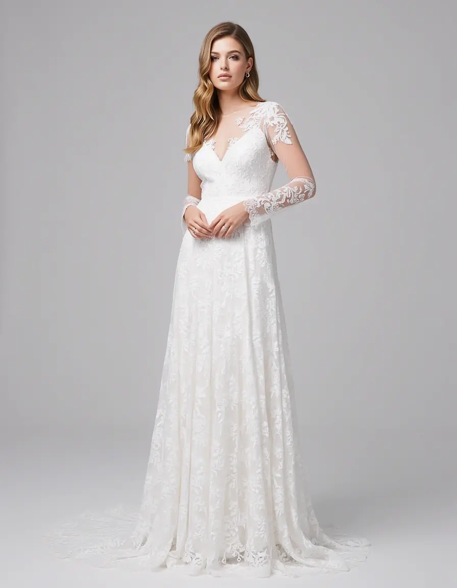 Model in einem weissen kleid lang mit edler Spitze