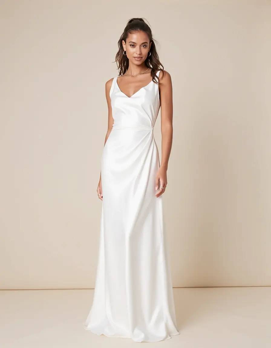 Elegante Dame in einem weissen kleid lang aus glänzendem Satin