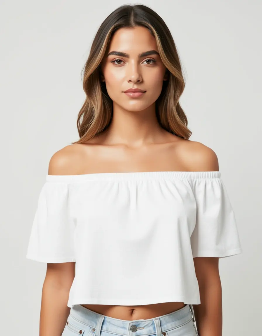 Schulterfreies weisses kurzes Kleid an einer Frau