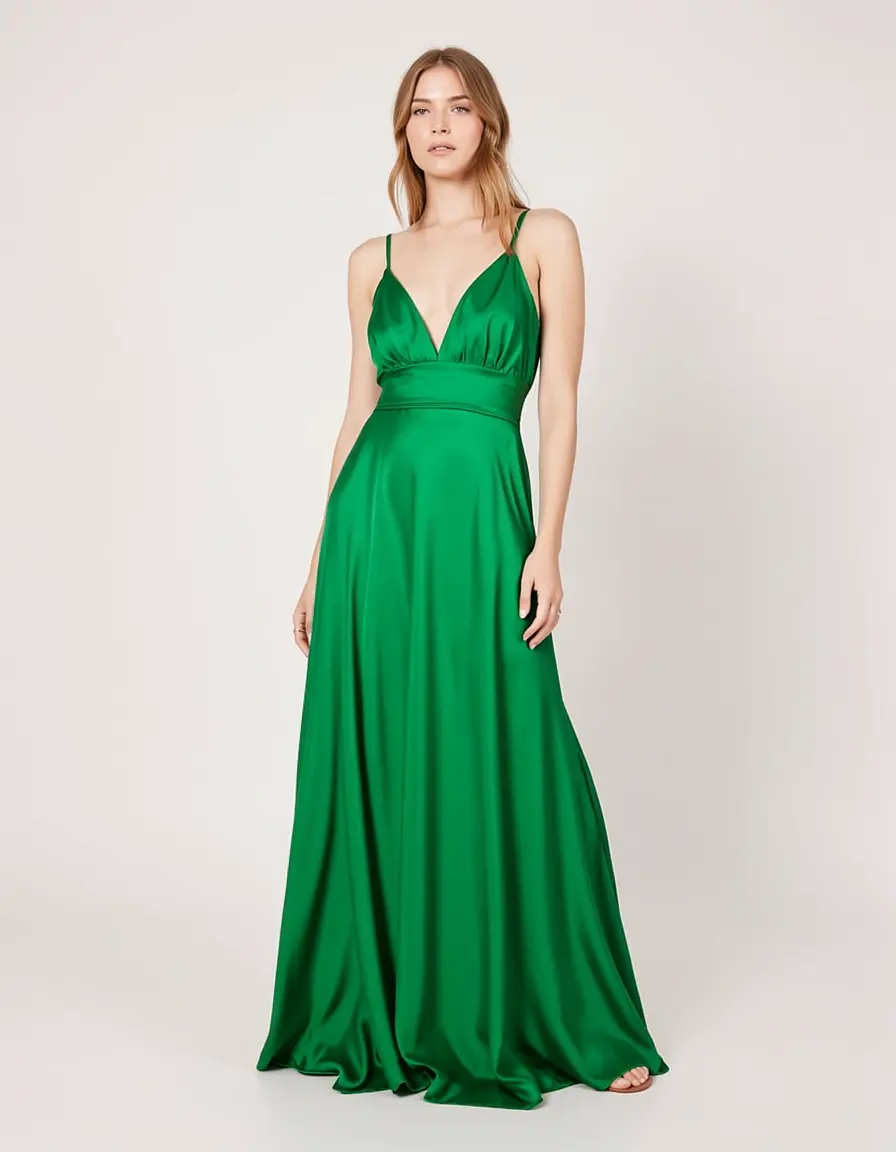 Grünes Satin Maxi Kleid