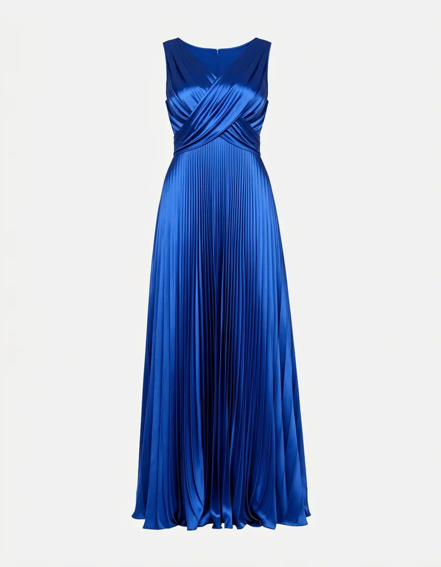 Blaues Satin Midi Kleid mit Falten