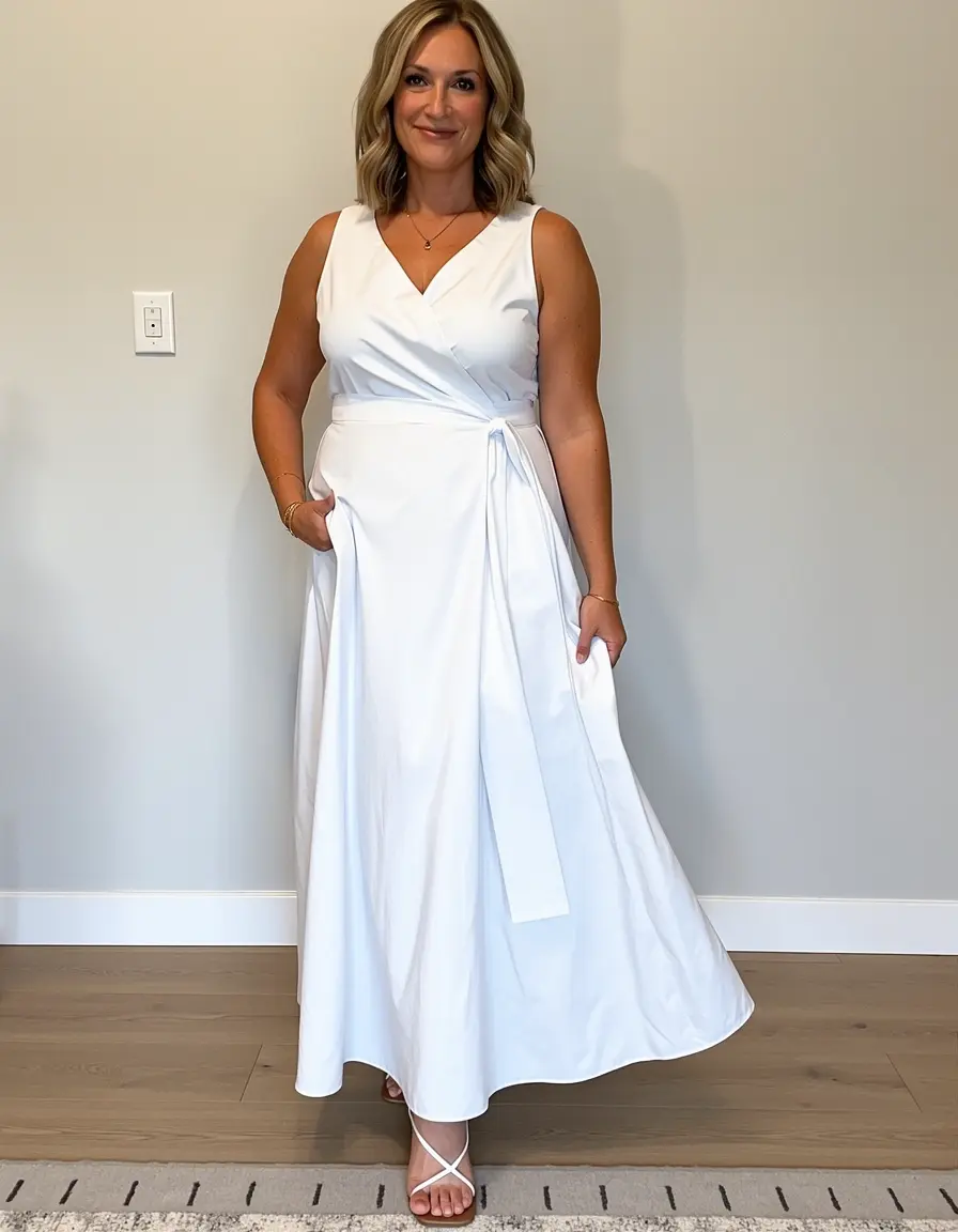 Frau im weiß-blauen Wickelkleid