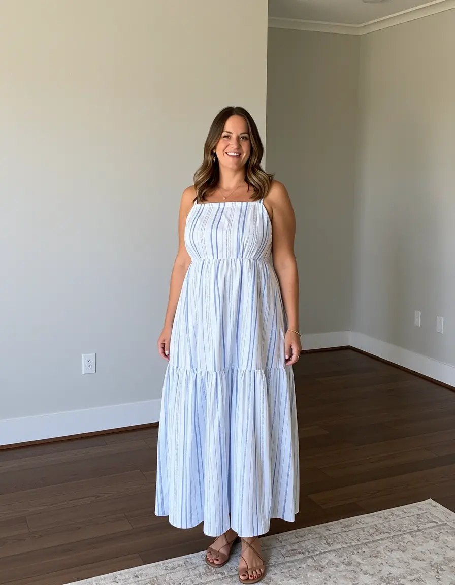 Frau in einem weiß-blauen Midikleid