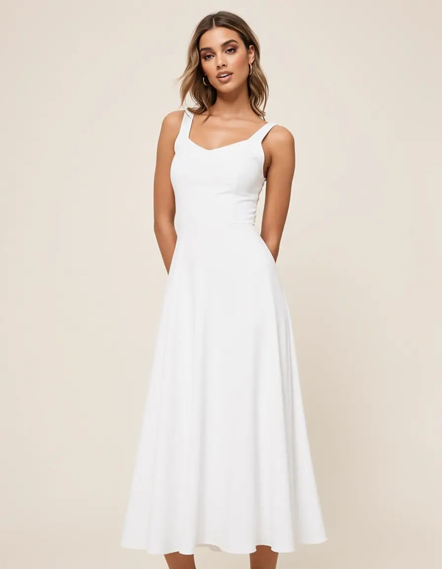 Model in einem weiß-blauen A-Linien Kleid