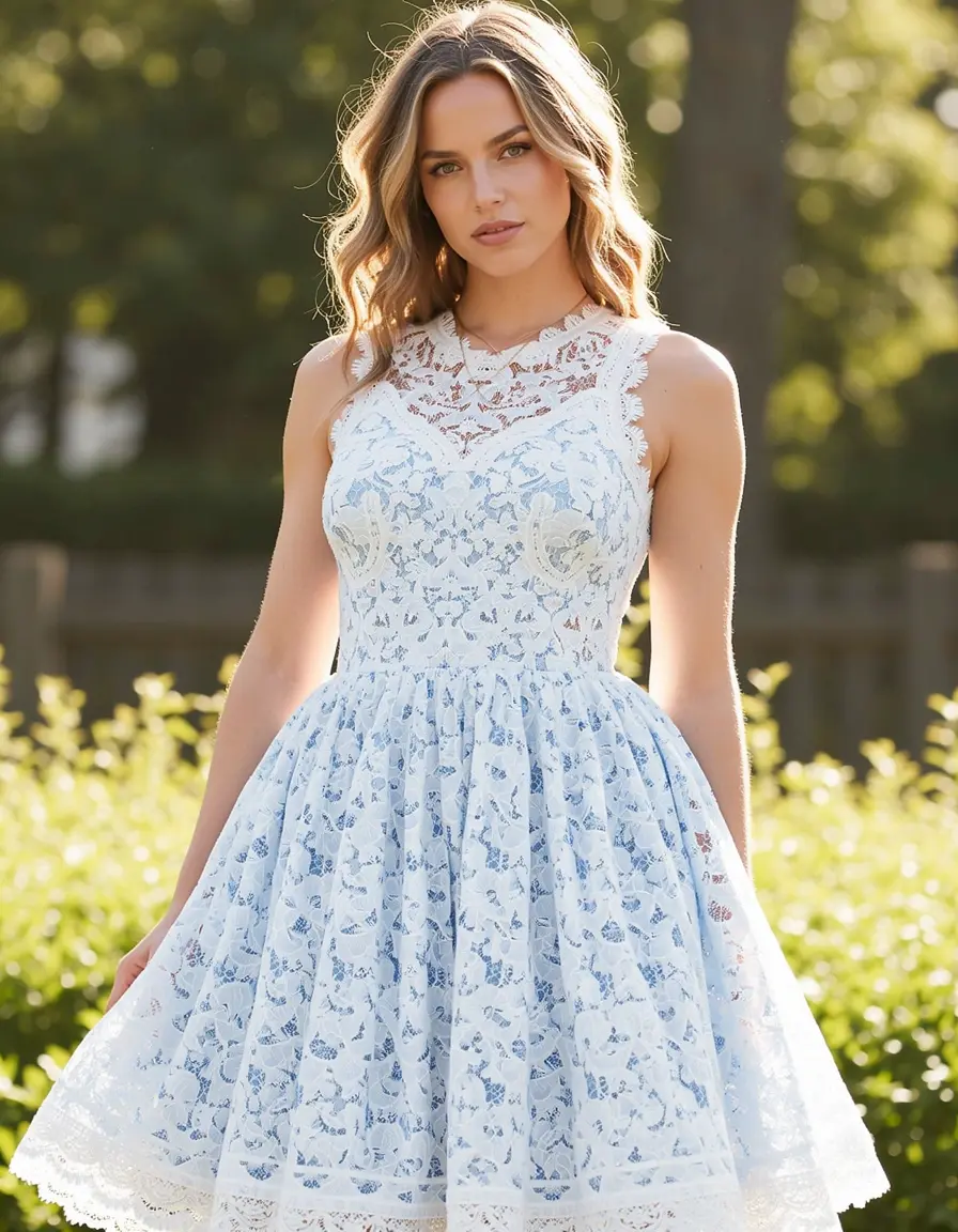 Frau in einem weiß-blauen Spitzenkleid