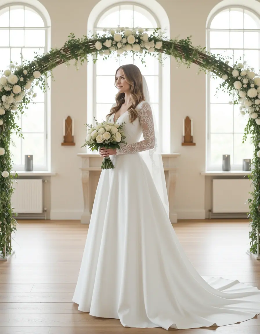 Braut im weißen Wickelkleid