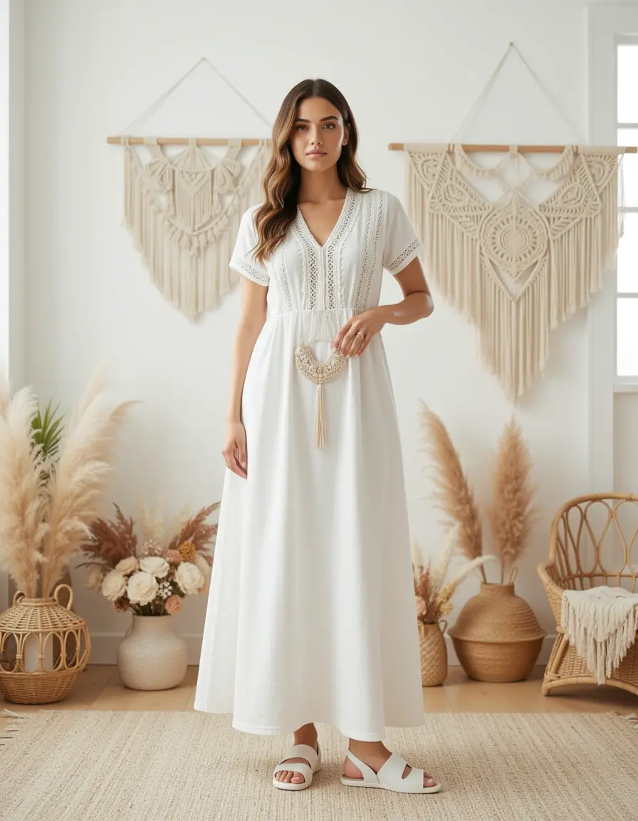 Modell im weißen Boho-Hochzeitskleid