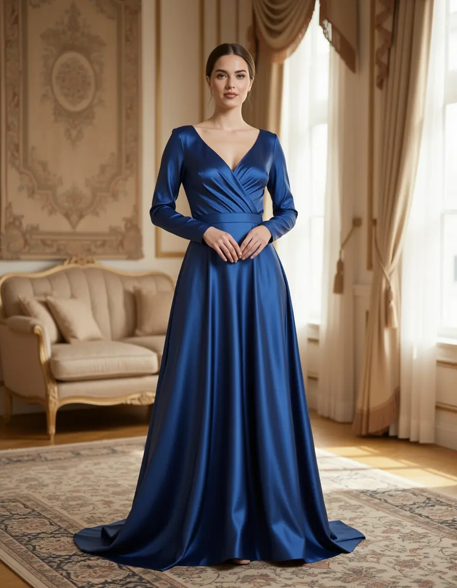 Frau in einem glänzenden Satin-Kleid für Hochzeitsgäste