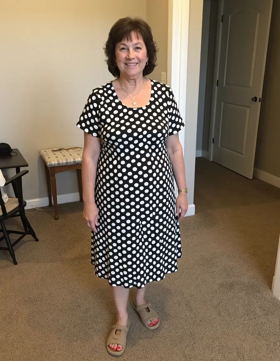 Frau in einem 50er Jahre Polka Dot Kleid