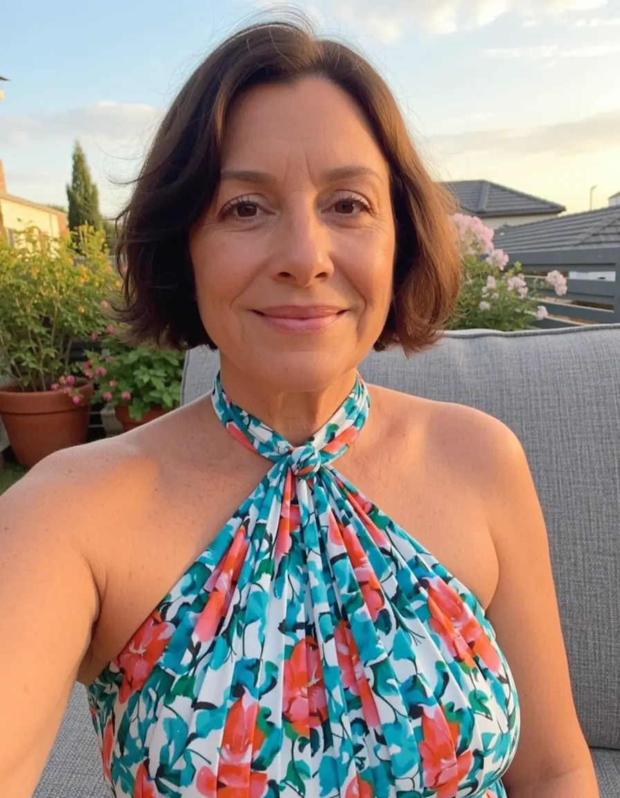 Frau in einem 50er Jahre Neckholder Kleid