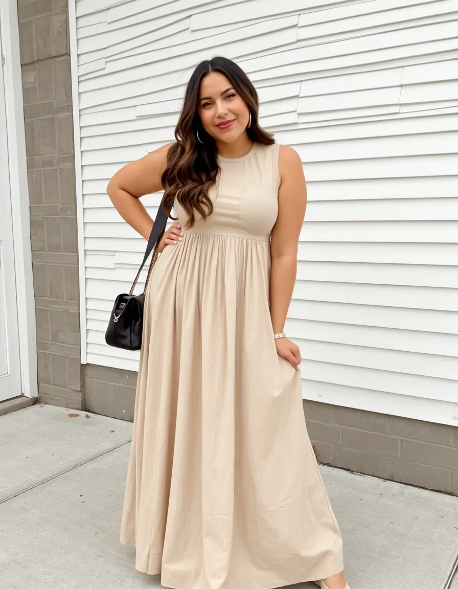 Frau in einem beigen Maxikleid