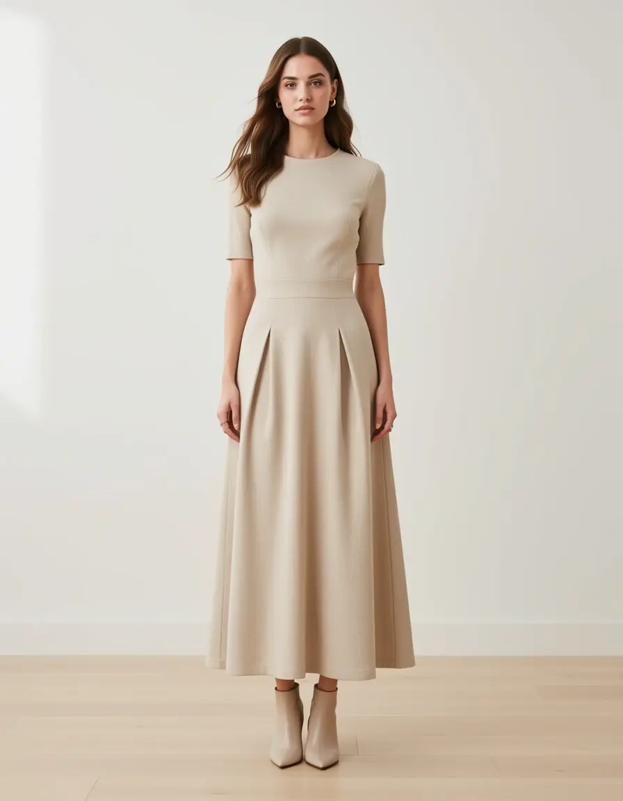 Model in einem beigen Midi Outfit
